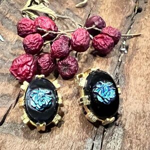 Art Deco Gold Plated Earrings Black Glass Rose Floral Holigram Blue Clip Ons